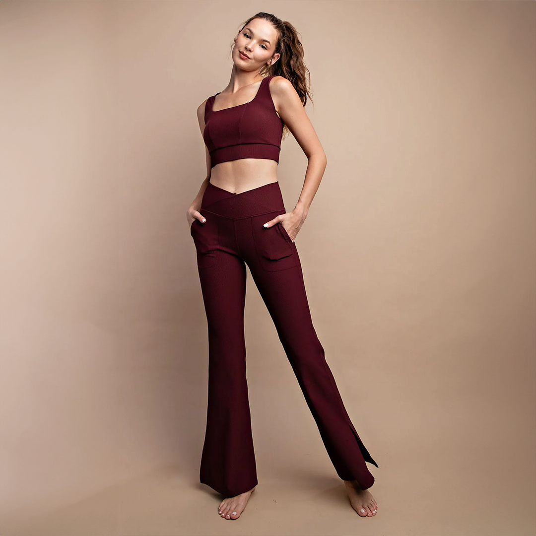 V-waist flared legging set Wine