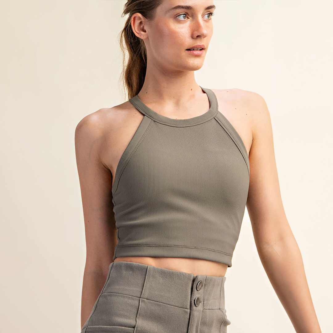 Rib halter crop tank Smoked Olive